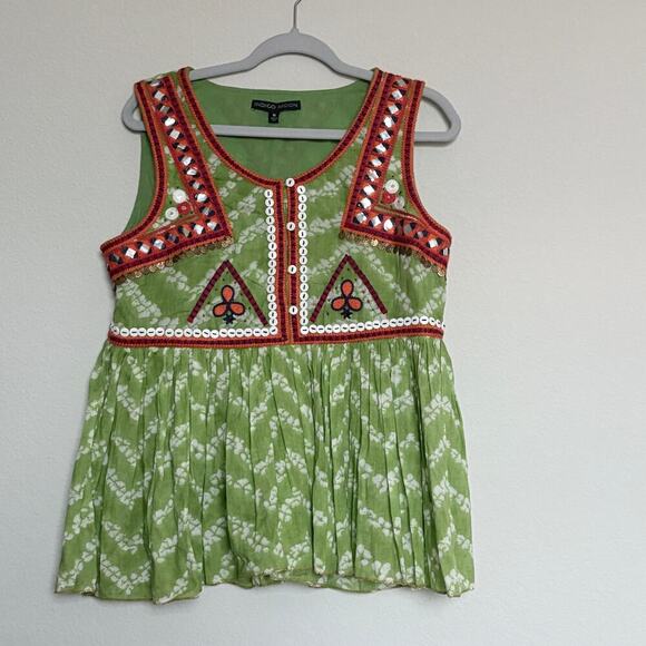 Indigo Moon Green Mirror Embroidered Festival Boho Top Medium Sleeveless Cotton - Picture 3 of 13